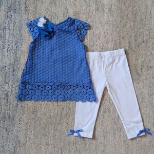 Rare Editions Blue Eyelet Dress with White Leggings with Bows